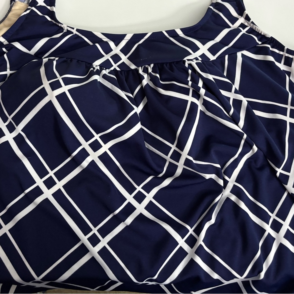 Navy and White Geometric Swim Top